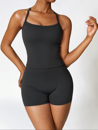 Two-Piece Set Women'S Solid Backless Cami Top & High Waist Shorts Tracksuit Set, Elegant Gym Outfits, Ladies Sportswear for Indoor Outdoor Wear, Gym Wear, Workout Sets Women