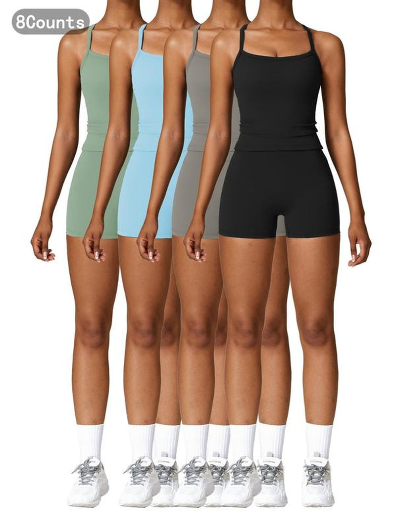 Two-Piece Set Women'S Solid Backless Cami Top & High Waist Shorts Tracksuit Set, Elegant Gym Outfits, Ladies Sportswear for Indoor Outdoor Wear, Gym Wear, Workout Sets Women